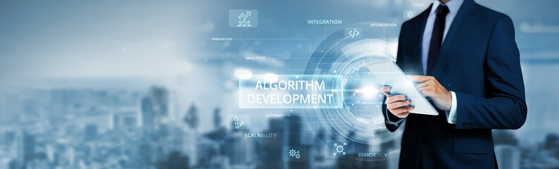 Businessman using tablet analyzing algorithm development data and machine learning network....