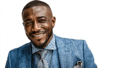 A dashing African American man in a blue suit, his smile full of confidence and joy, isolated on background