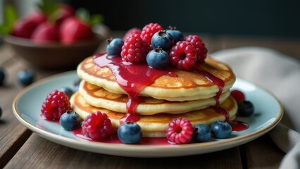 Fluffy pancakes topped with fresh blueberries and raspberries, drizzled with syrup on a wooden table, creating a vibrant breakfast scene