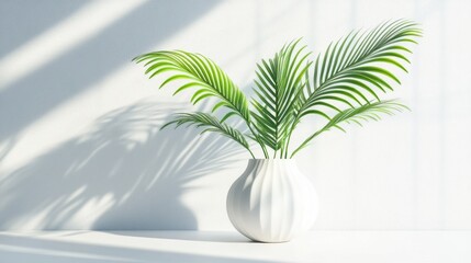 Obraz premium A modern white vase adorned with lush green palm leaves creates a serene atmosphere, enhancing any indoor space with elegant simplicity and fresh design.