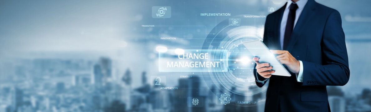 Change Management, businessman using tablet analyzing organizational transformation data and enterprise adaptation network, leadership alignment strategies, employee transition support