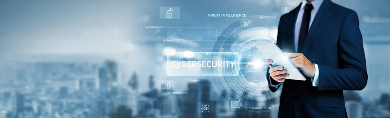 Cybersecurity, businessman using tablet analyzing sensitive data and threat detection network. Encryption protocols, advanced firewall solutions, real-time security monitoring