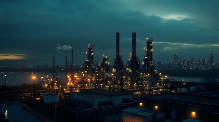 Oil refinery plant lighting up at dusk near city skyline