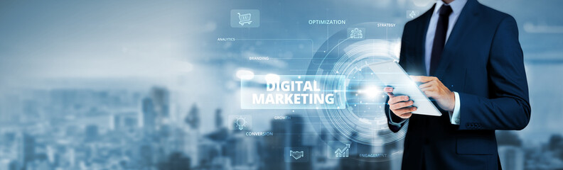 Digital Marketing, businessman using tablet analyzing customer engagement data and online advertising network, content performance metrics, social media strategies, email campaign analytics