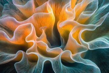 Intricate, translucent orange and teal sea creature, resembling a delicate, undulating flower.