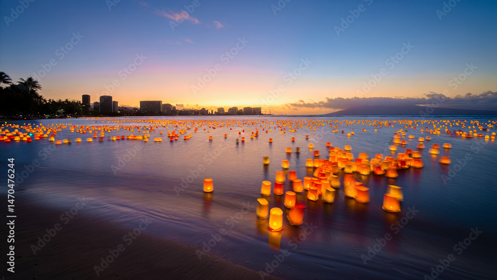 Poster clusters of glowing lanterns float on the water as the sun sets behind the cityscape, creating a ser