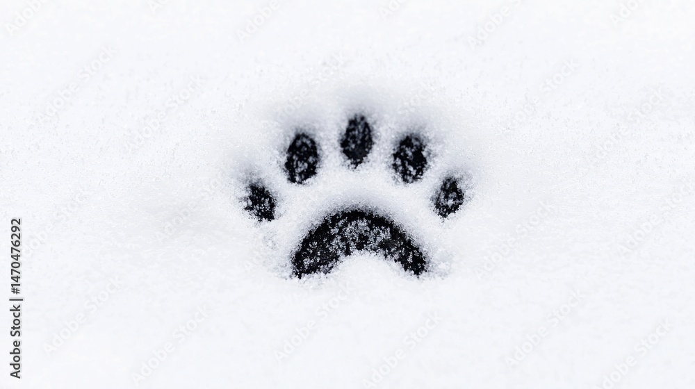 Poster A singular paw print imprinted deeply within pristine white snow