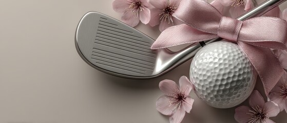 Elegant golf club and ball with cherry blossoms on neutral background
