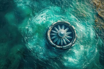 Aerial view of a tidal turbine generating clean energy from ocean currents.