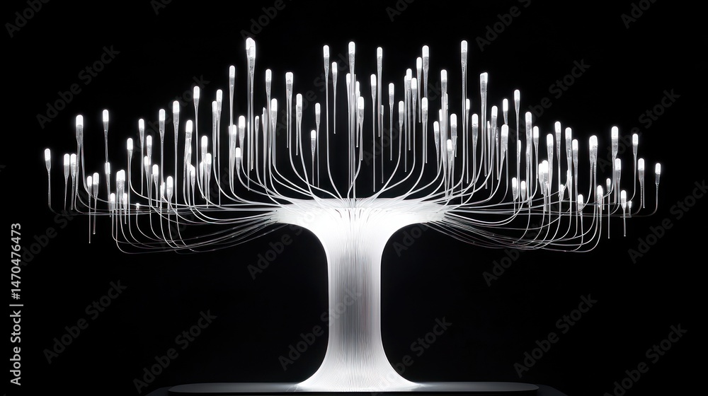 Poster illuminated sculpture resembling a stylized tree with glowing branches and lights