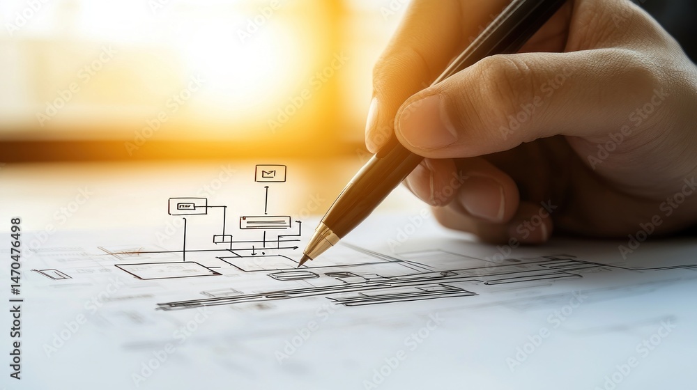 Poster a person is sketching a technical diagram with a pen