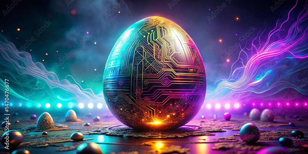 Aufkleber a striking egg with intricate circuit designs illuminates a dark, ethereal setting filled with color