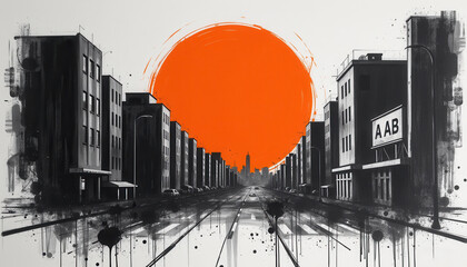 Black and White City Street with Orange Sun – Urban Minimalist Illustration Wallpaper