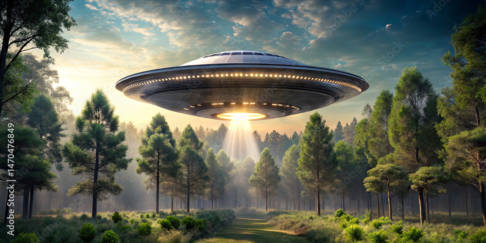 Aufkleber a large unidentified flying object hovers above a serene forest clearing as twilight approaches. sof