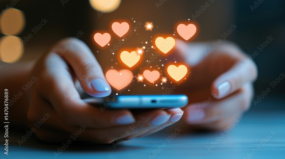 Poster a person holds a device with illuminated heart symbols