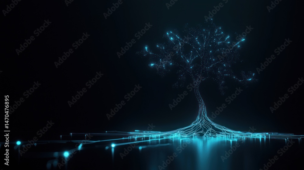 Poster a luminous digital tree with glowing roots and branches