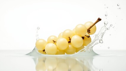 A bunch of white grapes splashes into clear water against a white background, creating refreshing ripples and droplets