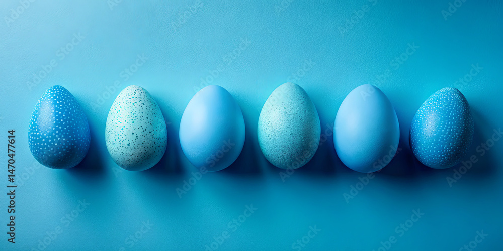 Poster six decorative blue eggs with varying textures are arranged in a line on a vivid blue surface, creat