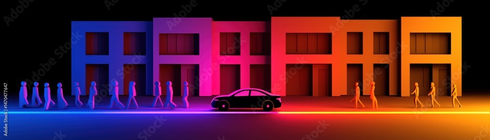 Poster figures walking on a road in front of colorful buildings and car