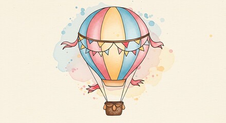 Vintage Hot Air Balloon with Flags – Whimsical Travel Illustration

