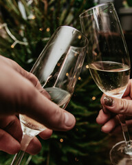 An intimate toast with champagne in a festive mood with an illuminated Christmas tree in the background, symbolizing joy and celebration