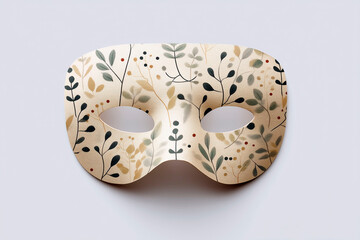 Decorative masquerade mask with botanical pattern in beige and earthy tones on white background