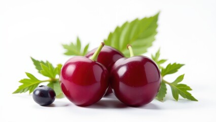 Three ripe red cherries and a small black currant are artfully arranged with fresh green leaves on a white background
