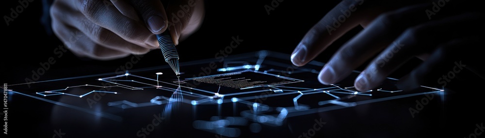 Poster a person is working on a digital glowing circuit board