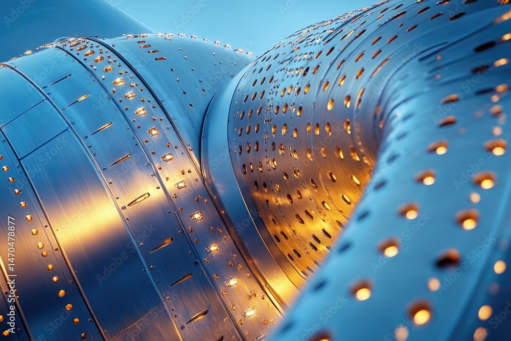 Poster close-up of a metallic industrial structure with intricate perforated patterns and warm lighting.