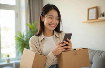Young Asian woman shopping online using smartphone. Happy client receives delivered parcel by home delivery. E-commerce and online banking. Customer shopping experience, home delivery service.