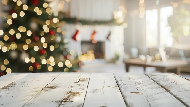 A festive setting with a blurred Christmas tree adorned with lights and red ornaments in the background. A rustic white wooden table takes center stage, creating a warm and inviting atmosphere.
