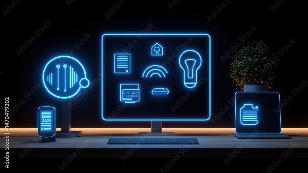 Poster Futuristic smart home control panel with digital glowing icons on display