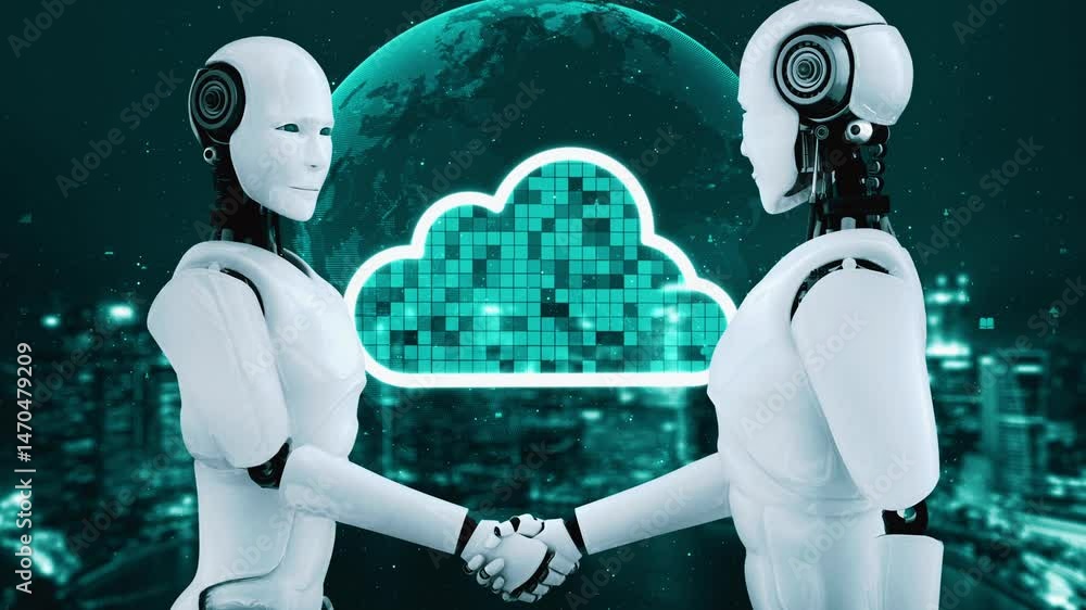Poster AI robot huminoid uses cloud computing technology to store data on online server . Futuristic concept of cloud information storage analyzed by machine learning process . 3D rendering .