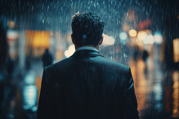 Having bad day, disappointed work, discourage or depression, failure feeling bad or difficulty, having problem and trouble concept, depressed wet businessman walking in raining
