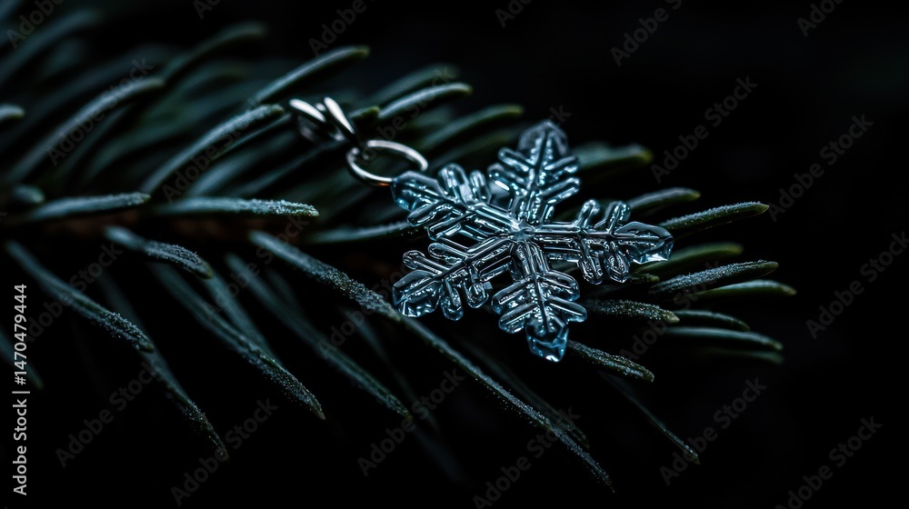 Poster a miniature snowflake pendant rests upon a coniferous evergreen branch