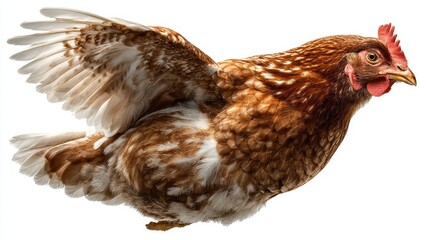Fototapeta premium A chicken hen soaring in mid-air, captured in a dynamic moment, isolated on white background