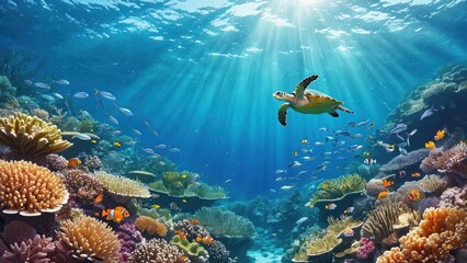 Fototapeta premium Underwater coral reef teeming with marine life