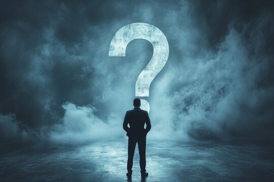 Ask yourself a question, process for self improvement, personal development, problem solving or review and evaluation concept, curious businessman asking himself for answer with big question