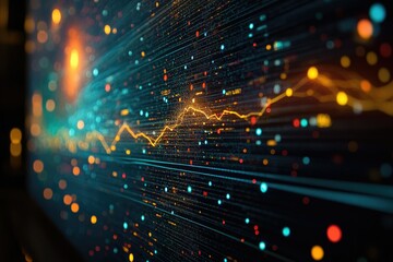 Abstract visualization of data streams and dynamic market trends, showing fluctuating data points and patterns.