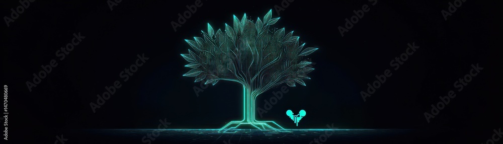 Poster a glowing digital tree and a digital symbol against black background