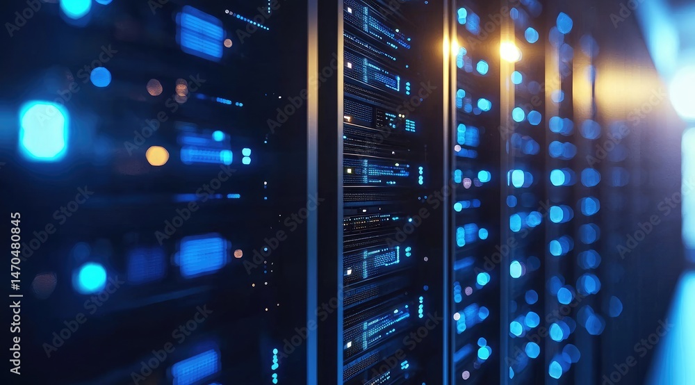 Fototapete glowing blue server racks in a high-tech data center corridor, ideal for use in visuals related to c