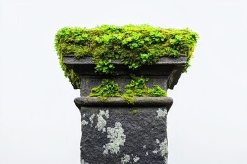 Moss-covered stone pillar, weathered and aged, showcases nature's beauty against a white sky.