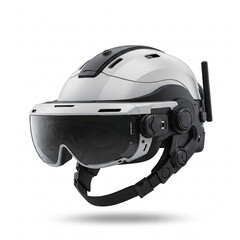 White augmented reality helmet with dark display and antenna is isolated on white