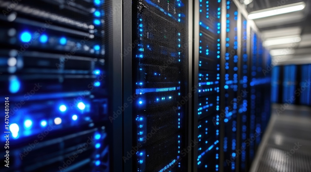 Poster Close-up view of data servers with glowing blue lights in a modern data center, ideal for technology, cybersecurity, or cloud storage concept illustrations