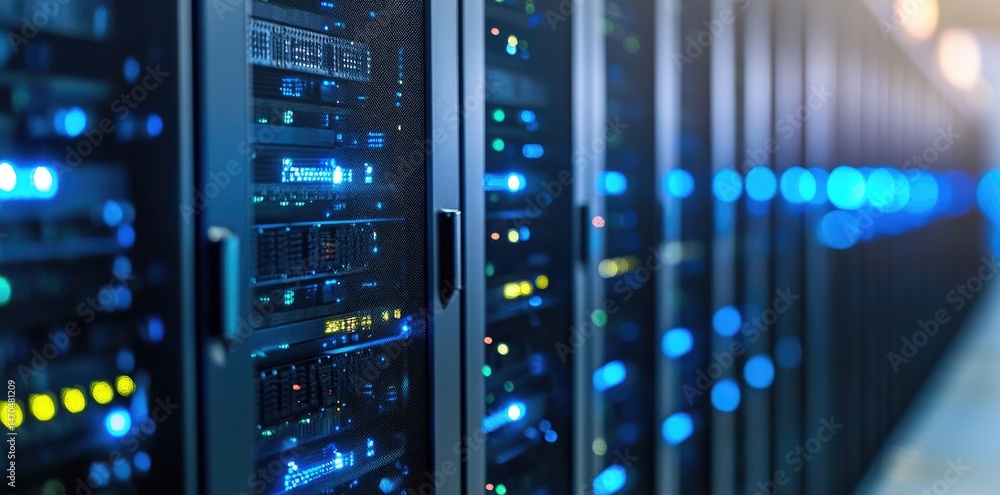 Poster Server room with glowing blue and green LEDs in a modern data center, ideal for cloud computing, IT infrastructure, and digital information concepts