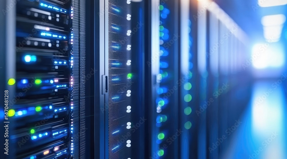 Poster Modern data server room with glowing indicator lights, great for illustrating network infrastructure, cloud hosting, AI processing, or secure digital systems