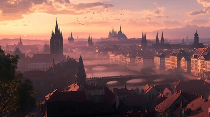 Orange sky over city skyline with passing birds high resolution picture