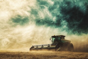 Fototapeta premium Combine harvester working in a field, dust clouds billowing around it during harvest season.