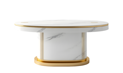 Oval white marble coffee table with gold trim, featuring a pedestal base and elegant design
