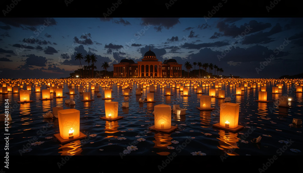 Poster lanterns illuminate the water in a tranquil evening setting, creating a beautiful display around a s